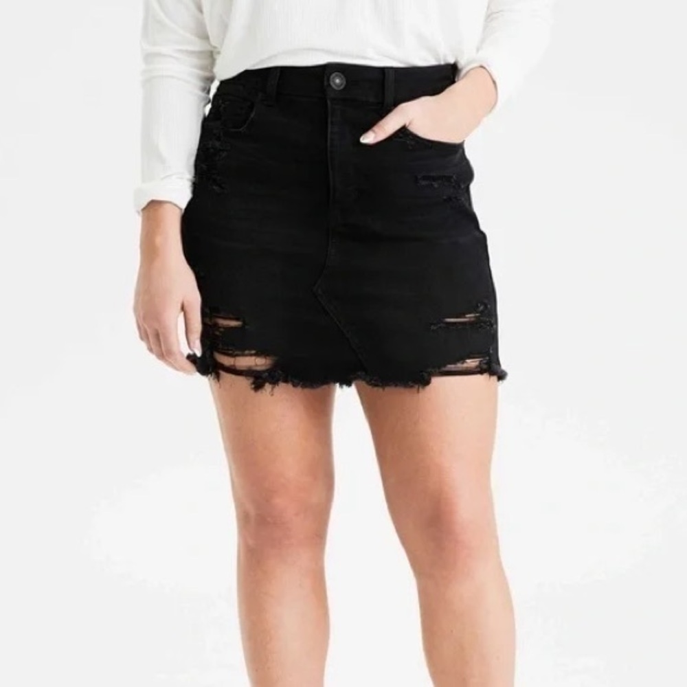 ASOS bershka black charcoal denim ripped skirt distressed raw ham size 8
